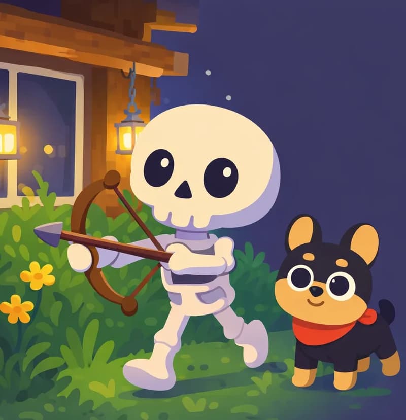 On the left side of the image, Skel strides forward with a determined posture through tall grass just outside a wooden house with glowing lanterns hanging on chains, his wooden brown bow gripped in one hand and a dark brown arrow in the other, marching off on a hunt. Bones is beside Skel to the right, looking alert and ready to follow with a confident smile. The scene is set outdoors at night with warm lantern light glowing against the wooden structure behind them and yellow flowers dotting the grass. The right side of the image is plain background, leaving space for text overlay.