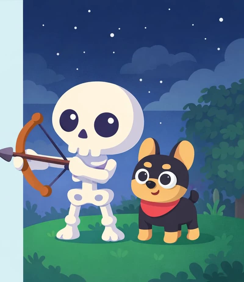On the right side of the image, Skel and Bones stand together on a grassy hilltop at nighttime under a dark, starry sky with clouds. Skel stands slightly in front and to the left, holding his wooden brown bow drawn with a dark brown arrow nocked, scanning the landscape with a focused, determined expression. Bones stands tall on the right, looking out alertly with a determined expression. The left side of the image is plain background, leaving space for text. Trees and foliage are visible in the background on the far right.