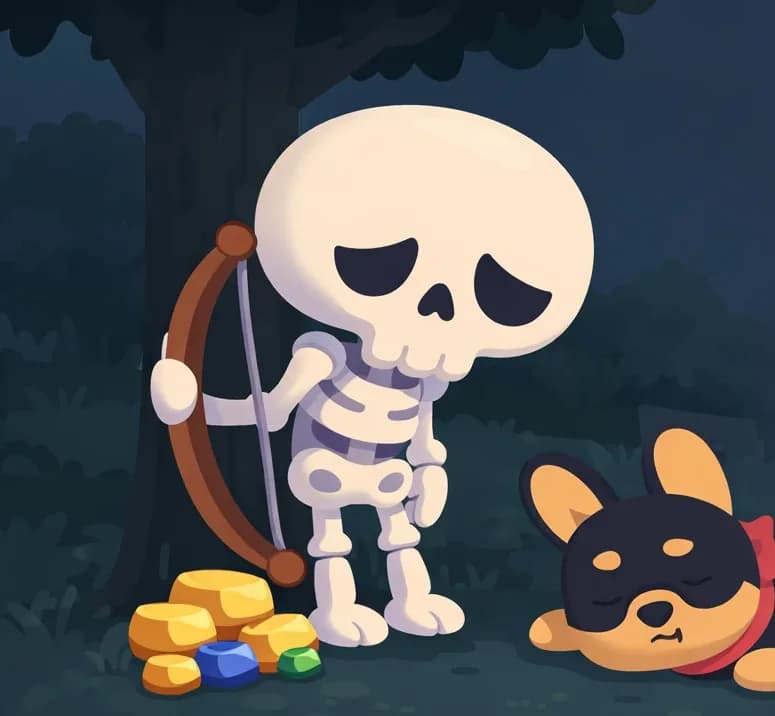 On the left side of the image, Skel stands slouched near a tree in a dim, overcast outdoor setting, looking utterly exhausted with drooping eye sockets and his wooden brown bow hanging loosely from one hand. A small pile of gold ingots and gems sits at his feet, showing the spoils of his hunt. Bones lies on the ground beside Skel, appearing collapsed and spent. The scene has a dark, muted atmosphere with trees and grass in the background, reflecting the sleepless, worn-out mood. The right side of the image is plain background, leaving space for text overlay.