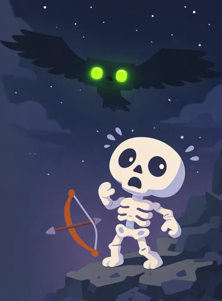 On the right side of the image, Skel stands on jagged rocky terrain at night, looking up in terror with his eye sockets wide and body recoiling, a chill of fear visible in his posture. His wooden brown bow hangs forgotten at his side. In the center-right, a large phantom hovers menacingly above him with wide dark wings spread and glowing green eyes piercing through the gloom. The scene is set outdoors on a dark, cloudy night under a starry sky, creating an eerie and threatening atmosphere.