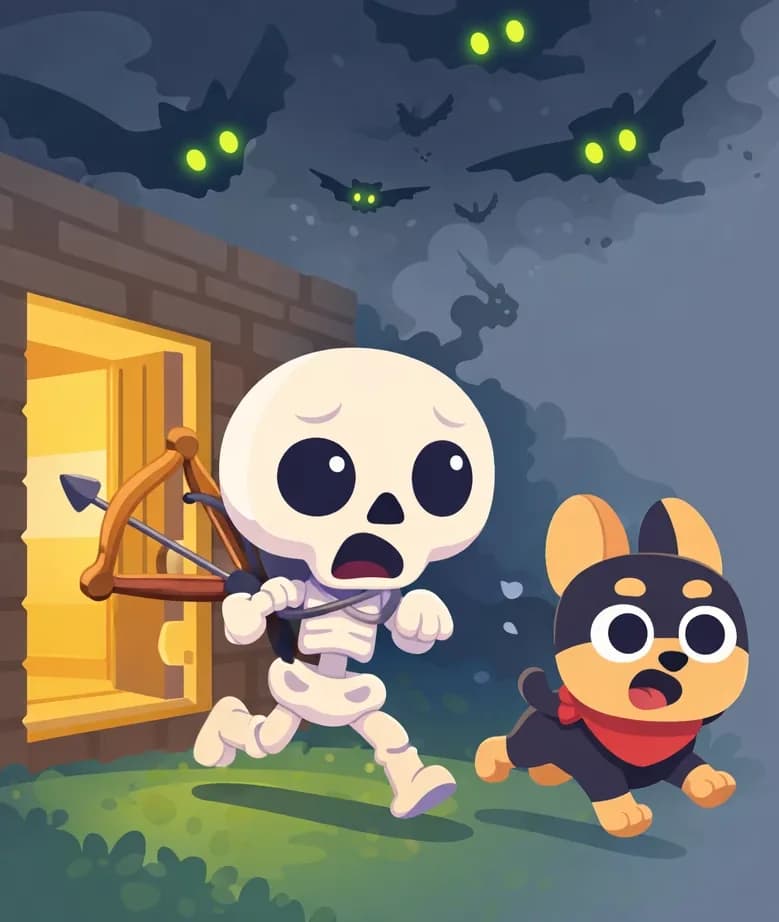 On the left side of the image, Skel and Bones sprint across a grassy area toward a wooden structure (home base), running at full speed with panicked expressions. Skel's wooden brown bow bounces on his back as he runs. Bones dashes alongside, mouth open in alarm. Several dark phantom creatures with glowing green eyes and wide wings dive through the air from the dark night sky above, swooping down toward the characters just as they reach the doorway. The scene is set outdoors at night with dark, moody lighting and an overcast sky. The right side of the image is plain background, leaving space for text overlay.