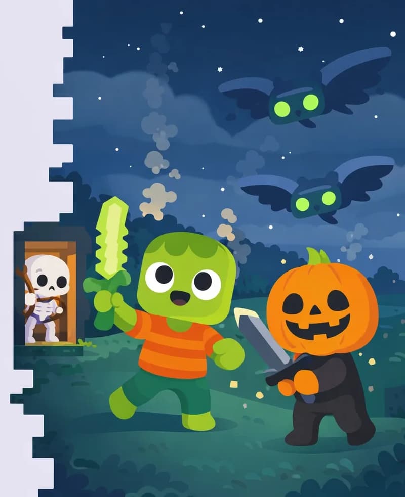On the right side of the image, Zom and Jack stand in a dark, nighttime outdoor scene on a grassy hillside, bravely facing incoming phantom creatures with glowing green eyes and dark wings. Zom is in the center-right, gripping his pixelated light-green sword raised high, looking fierce and determined as he swings at a diving phantom. Jack stands to the far right, clutching a dark iron sword in his orange mitten-like hands, his glowing jack-o'-lantern head illuminating the scene as he fends off another phantom. In the background on the left, Skel can be seen slipping through a doorway into a small den or shelter. The sky is dark and overcast with stars faintly visible, and smoke or haze drifts in the air, giving the scene an intense, battle-ready atmosphere.