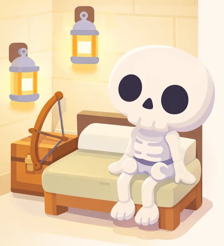 On the left side of the image, Skel sits on the edge of a cozy bed in an indoor bedroom, easing himself down to rest with a calm, relieved expression, his eye sockets soft and relaxed. His wooden brown bow leans against the wall nearby. A chest sits next to the bed and warm lanterns glow on the walls, creating a soft, peaceful atmosphere. The right side of the image is plain background, leaving space for text overlay.