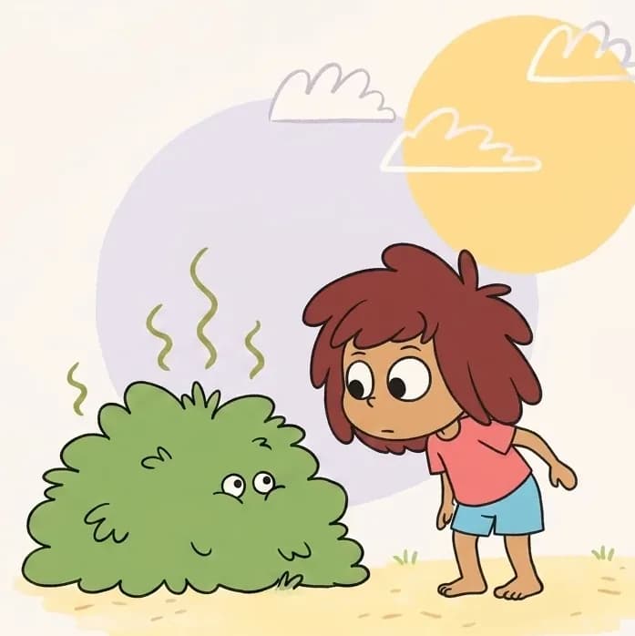 On the right side of the image, The Girl stands on a sandy park path on a sunny day, leaning slightly forward with a curious, determined expression as if sniffing the air to track down a smell. A large pale purple circle and a warm yellow sun shape frame her in the background, with wispy clouds scattered across the sky. To the left, a scruffy green bush with wavy stink lines rising from it sits at ground level, with small eyes peeking out from within it — hinting at the source of the stinky smell.