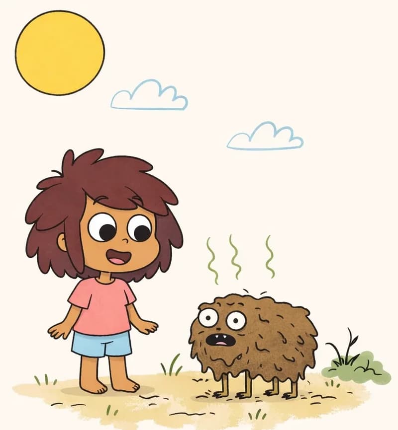 On the left side of the image, The Girl stands on a dry, grassy patch of ground, looking toward Pig with a wide-eyed, amazed expression, her arms held slightly out from her sides. To her right (but still in the left-center area), Pig stands on all fours, completely covered in thick mud and dirt, with green stink lines rising from its body and a grumpy, wide-eyed expression peeking out from beneath the muck. The scene is outdoors on a sunny day with a large yellow sun in the upper-left corner, a pale blue sky with a few white clouds, and some scraggly bushes nearby.