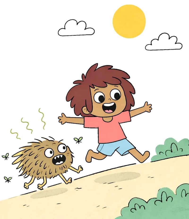 On the right side of the image, The Girl is running joyfully down a sandy hill with her arms spread wide, smiling broadly. In the center-right, Pig chases after her down the slope, with a goofy grin and stink lines rising from its shaggy body. Small green flies buzz around them both. The scene is set outdoors on a sunny day with a bright yellow sun and white clouds in a blue sky, with green bushes at the base of the hill.