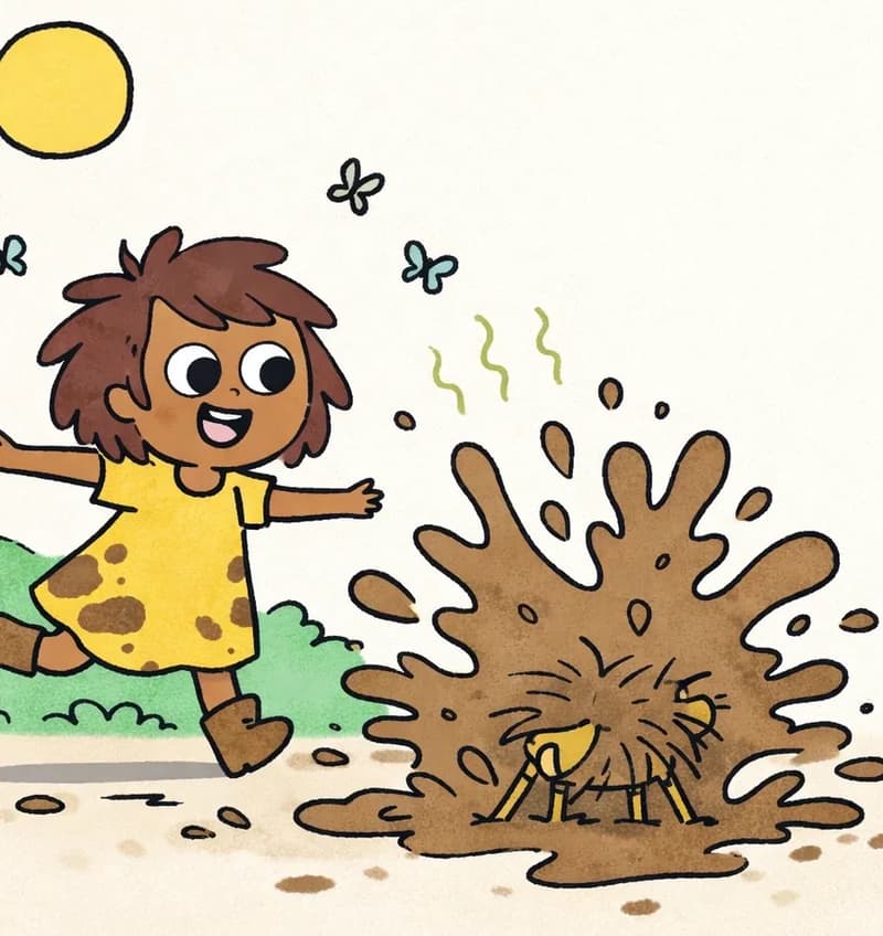 On the left side of the image, The Girl is mid-stride, leaning forward with one arm outstretched and a delighted, open-mouthed smile, wearing a new dress and boots that are getting splattered with muddy water. Pig is mostly obscured by an enormous splash of muddy brown water erupting from the puddle in the center-left of the scene — it has clearly just jumped in with great enthusiasm. The outdoor setting features a bright sun, green bushes, and a dirt path. Muddy water sprays everywhere like a cloudburst.