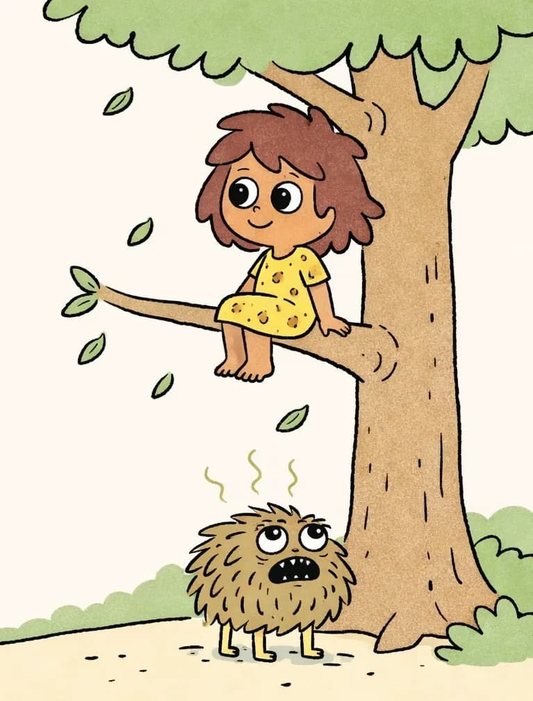 On the right side of the image, a large tree dominates the scene with The Girl sitting on a high branch, visible with a dreamy, content expression as she gazes out at the hillside stretching below her like artwork, wearing her mud-splattered dress. Pig sits at the base of the tree on the ground, looking up with a grumpy, unamused expression, waiting reluctantly. Green leaves drift down from the branches above. The scene is outdoors on a sunny day with a bright yellow sun in the upper left, sandy ground, and green bushes scattered around.