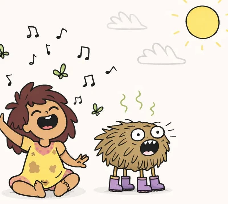 On the left side of the image, The Girl is sitting on the ground with her eyes closed and mouth wide open, singing joyfully with one hand raised in the air, wearing her mud-splattered dress and now barefoot. Beside her, Pig stands with The Girl's boots on its four feet, mouth open making a funny foghorn-like sound, with stink lines and musical notes floating above both of them. Butterflies and leaves swirl around them in the air. The scene is set outdoors on a sunny day in a flat, grassy area with a bright yellow sun in the sky, and wispy clouds. The right side of the image is open background with minimal detail.