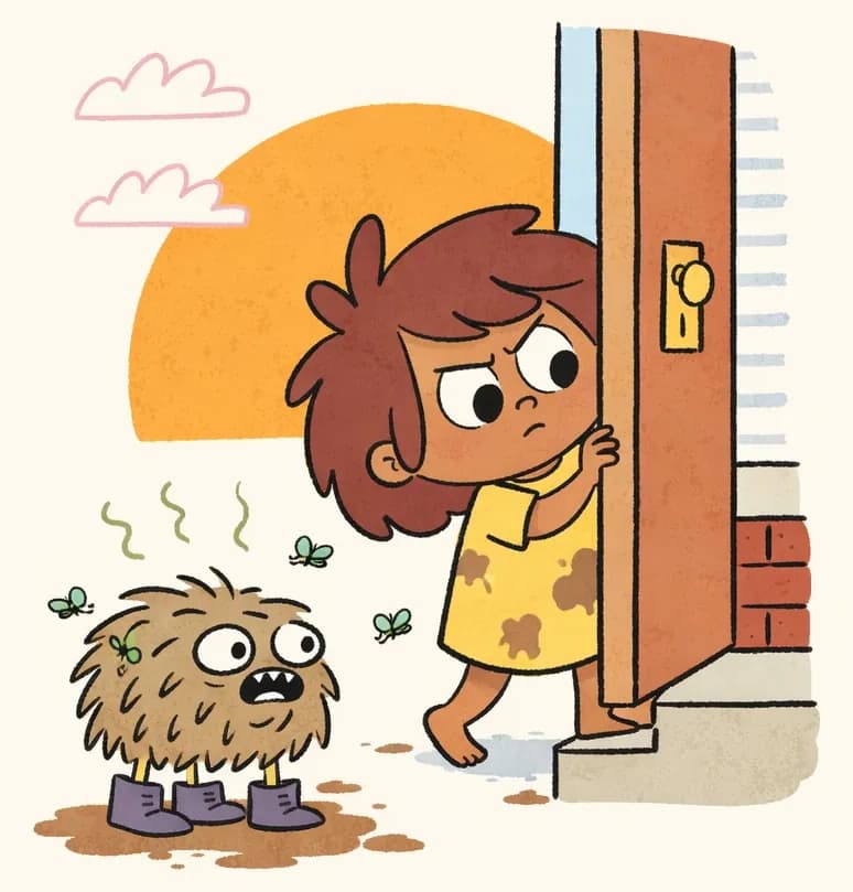 On the right side of the image, The Girl stands near the front door of a suburban house with a brick facade, peering cautiously toward the door with a sneaky, determined expression, one hand reaching toward the doorway as she checks if the coast is clear, wearing her mud-splattered dress and barefoot. Pig stands just behind and to the left of her, still wearing boots on its feet, covered in mud and surrounded by green stink lines and buzzing flies, looking grubby and mischievous. A large orange setting sun dominates the background, with pink sky and white clouds, conveying late afternoon light. Through the partially open front door, the interior of the house is visible.
