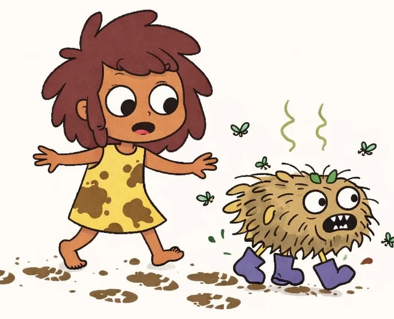On the left side of the image, The Girl is tiptoeing carefully with a nervous, worried expression, her arms slightly outstretched for balance as she creeps along, wearing her mud-splattered dress and barefoot. Pig walks beside her on all fours wearing boots, looking wide-eyed and anxious, covered in mud and leaves with flies buzzing around both of them. Muddy footprints and boot prints trail behind them against a white background, suggesting they are sneaking through an indoor hallway while leaving a messy trail. The right side of the image is open white space.