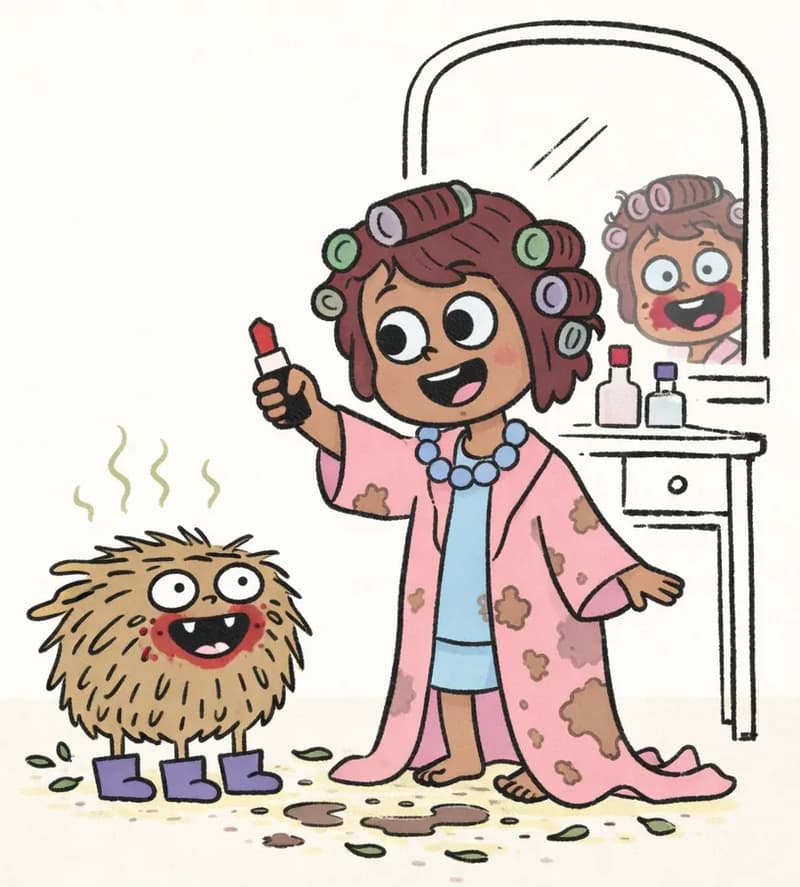On the right side of the image, The Girl stands in front of a vanity/dressing table, grinning widely with hair curlers in her dark reddish-brown hair, holding up a tube of red lipstick in one raised hand. She wears a blue chunky bead necklace and a long pink robe splotched with mud patches over a light blue dress, with bare feet. Pig stands on the floor to her left (center of the image), facing forward with a comically exaggerated grin — it has red lipstick smeared all around its mouth, wavy stink lines rising from its shaggy fur, still wearing purple boots on its feet, with muddy footprints and scattered green leaves on the cream floor around it. The scene is set indoors in a bedroom, with a mirror and perfume bottles visible on the white dressing table behind The Girl. In the mirror, The Girl's grinning face is reflected back, with red lipstick smeared on her cheeks and her curler-filled hair.