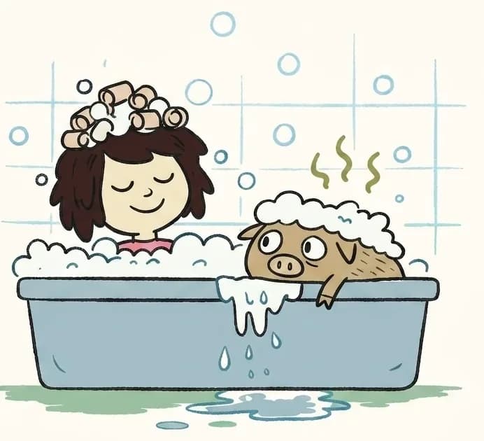 On the right side of the image, The Girl and Pig are sitting together in a blue-gray bathtub filled with bubbly, soapy water, set against a faintly tiled bathroom wall, while the left half of the image is empty cream-colored background. The Girl is smiling happily with her eyes closed, her shoulder-length dark brown hair topped with a pile of white foam and a few hair curlers still nestled in it, the collar of her pink top just visible above the bubbles, clearly enjoying bath time. Pig, with light brown skin, is peeking out from under a mound of white bubbles next to her on the right, with wide eyes and a slightly nervous expression, one trotter resting on the tub's rim as foam and water drip over the edge, and a few wavy green stink lines rise above his sudsy head. Soap bubbles float through the air around them, and a small puddle of water has formed on the green-tinged floor below the tub.