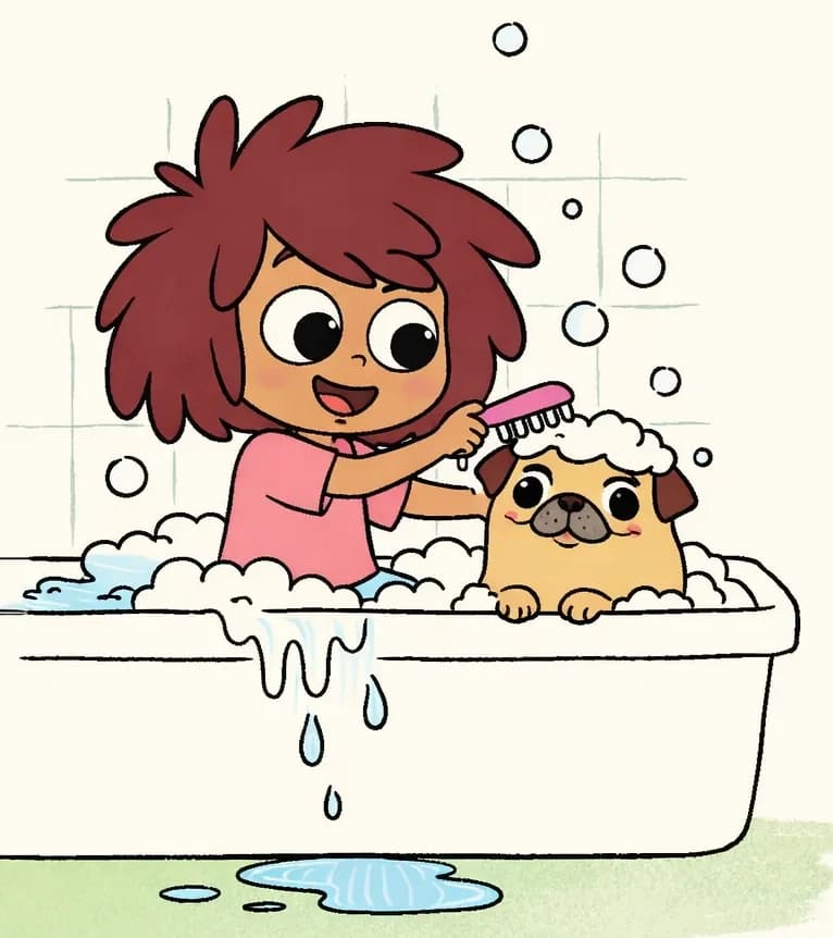 On the left side of the image, The Girl and the Pug are sitting together in a white bathtub filled with sudsy water and bubbles. The Girl is smiling warmly and scrubbing the Pug's head with a pink hairbrush, while the Pug — now revealed from under all the mud — sits in the foam looking content with a slight grin, showing its small wrinkly face. Bubbles float up into the air above them. The scene is set indoors in a bathroom with light green tiled walls, and water is splashing over the edge of the tub onto the green floor, forming a small puddle.