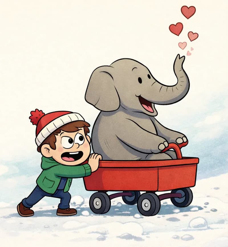 On the right side of the image, a child wearing a red-and-white knitted beanie with a pom-pom, a green hooded jacket, blue jeans, and brown shoes is leaning forward with both hands pressed against the back of a small red wagon/cart, pushing with great effort and a determined, open-mouthed expression. Sitting in the cart is a large gray elephant, gripping the wagon's red handle and cheerfully raising its trunk to blow red and pink heart shapes into the air in the upper-right area. The scene is set outdoors on a snowy path with small snowball-like lumps, with a soft, plain cream background filling the left side of the image.