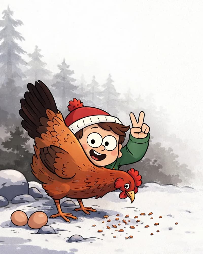 On the left side of the image, Child is crouching or lying low on the ground behind a red hen, peeking out with a cheerful expression and holding up two fingers in a peace/victory sign. The hen stands in the foreground pecking at scattered feed on the snowy ground, with two eggs visible nearby among some rocks. The scene is set outdoors in a wintry suburban yard with soft gray trees and misty atmosphere in the background. The right side of the image is open, plain background.