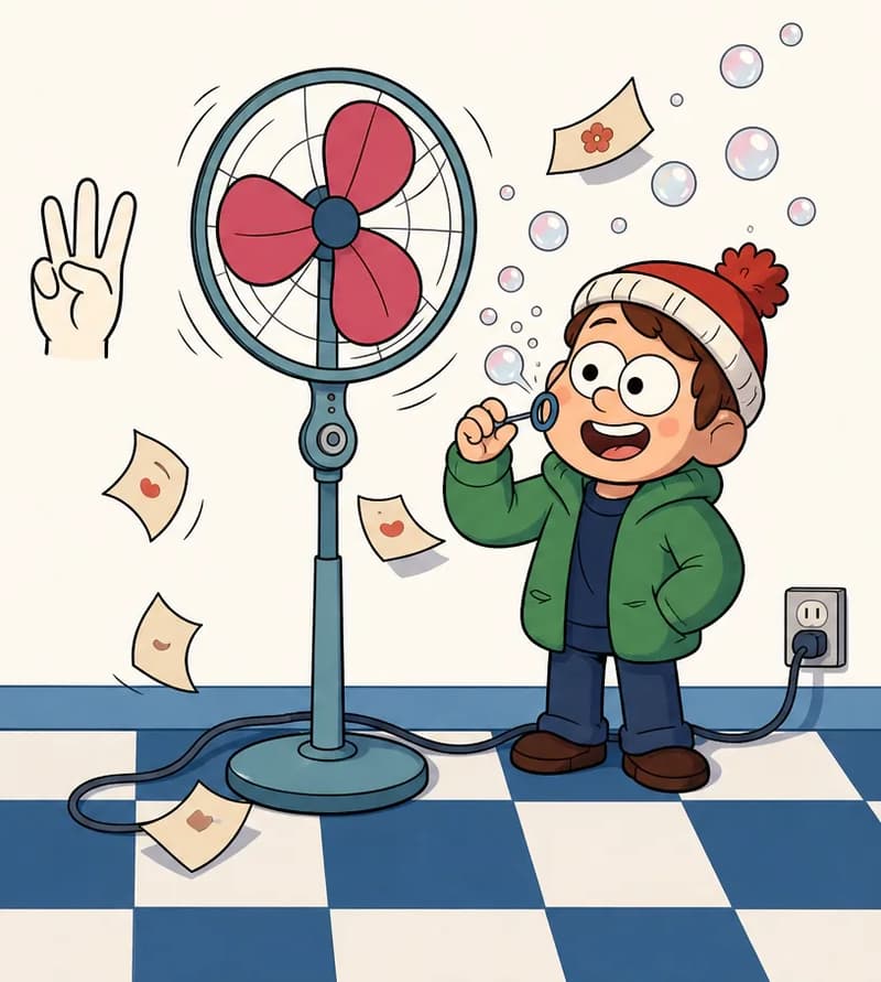 On the right side of the image, Child stands next to a tall pedestal fan, blowing bubbles toward the spinning three-bladed fan. Child has a delighted expression, holding a bubble wand up to their mouth while bubbles scatter and swirl in the wind created by the fan. A small illustrated hand holding up three fingers appears to the left of the fan as a counting motif, and small papers or letters flutter around the checkered floor. The scene is set indoors on a blue-and-white checkered floor against a plain white background, with the fan plugged into a wall outlet.