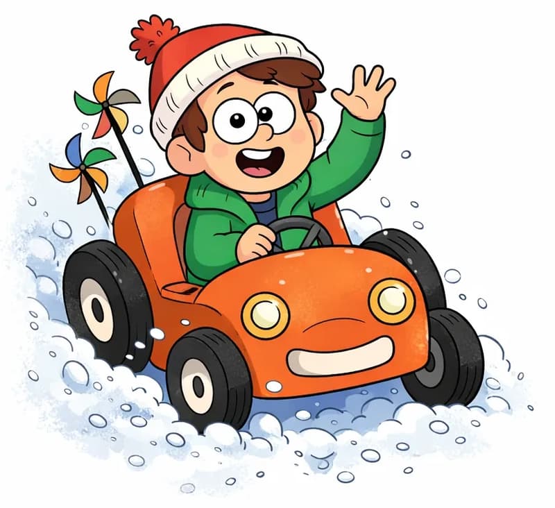 On the left side of the image, Child sits behind the wheel of a whimsical orange car with a cartoonish face on its front, driving through a flurry of snow. Child has one hand raised, waving with fingers spread, and appears cheerful and excited. The car is decorated with colorful pinwheel ornaments on top, and all four wheels are clearly visible. The right side of the image is plain white background.