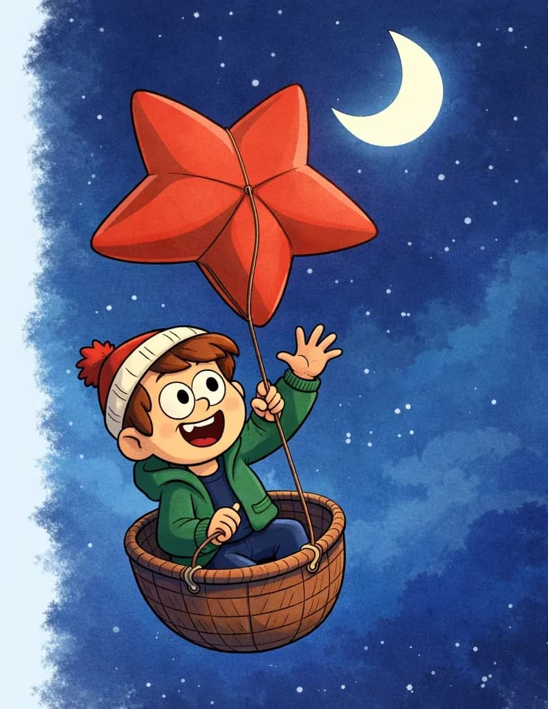 On the right side of the image, Child is flying through a nighttime sky in a woven basket carried by a large red star-shaped balloon with five distinct points, gazing upward with a joyful, wonder-filled expression and one hand reaching out toward a glowing crescent moon above. The deep blue sky fills the background behind the floating basket. The left side of the image is plain light background, clear of any detail.