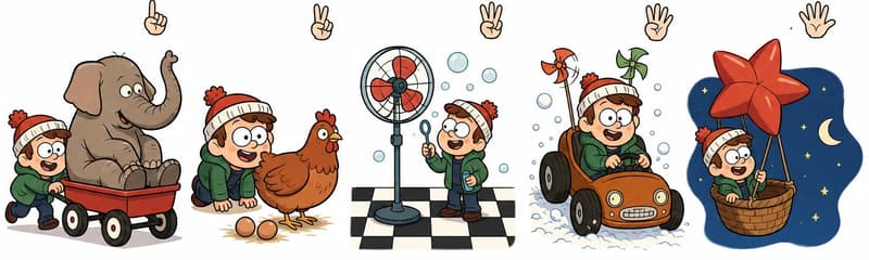 On the left side of the image, a row of five small illustrated panels sits along the bottom, each recapping a counting scene from the journey so far. From left to right: (one) Child pushes a large elephant sitting in a red wagon/cart, (two) Child crouches behind a red hen with two eggs on the ground, (three) Child blows bubbles beside a tall three-bladed pedestal fan on a checkered floor, (four) Child drives a whimsical orange car with pinwheel ornaments through snow, and (five) Child flies in a woven basket carried by a red star-shaped balloon through a night sky. Above each panel, a small illustrated hand shows the corresponding number of fingers. Child appears cheerful and engaged in each vignette. The top and right portions of the image are open, plain white background.
