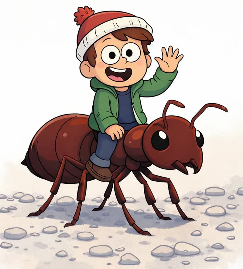 On the right side of the image, Child is riding on the back of a giant dark-red ant, sitting astride its large abdomen with legs dangling to one side. Child has a wide-open mouth in an expression of amazement or excitement, with one hand raised up in a waving gesture. The enormous ant is marching across rocky, pebbly ground, its six legs clearly visible and splayed out as it carries Child. The background is a soft, light watercolor wash, leaving the left side plain and open for text.