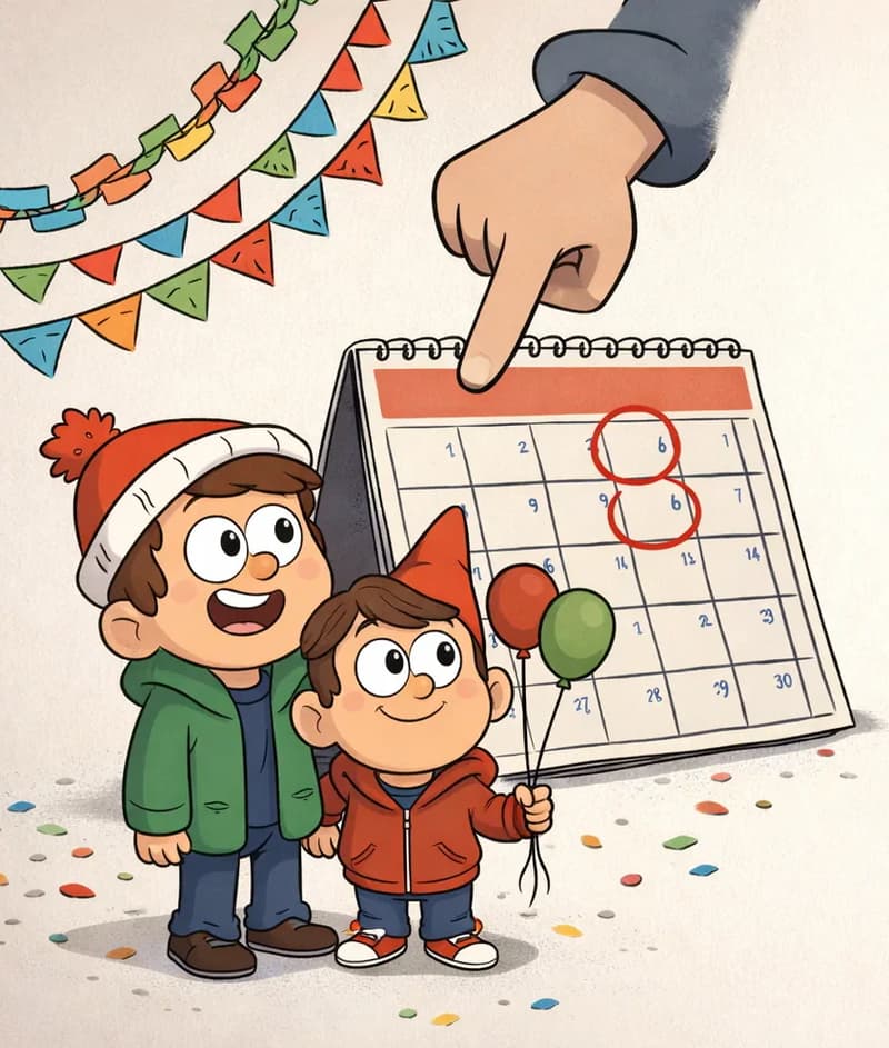 On the left side of the image, Child and Friend stand together in front of a large desk calendar, both looking up at it excitedly. Friend holds two balloons — one red, one green — by their strings in his right hand, and wears his tall red/orange pointed party hat and red zip-up hoodie. Child stands beside Friend, smiling broadly. A date on the calendar is circled in red, with a second date eight days later also marked. Scattered crumbs or confetti litter the ground around them. Colorful bunting and paper chain decorations drape across the upper-left corner of the scene. A large illustrated hand reaches down from above, pointing at the calendar as a counting motif. The right ~40% of the image is plain light background. The setting is indoors with a festive, celebratory atmosphere.