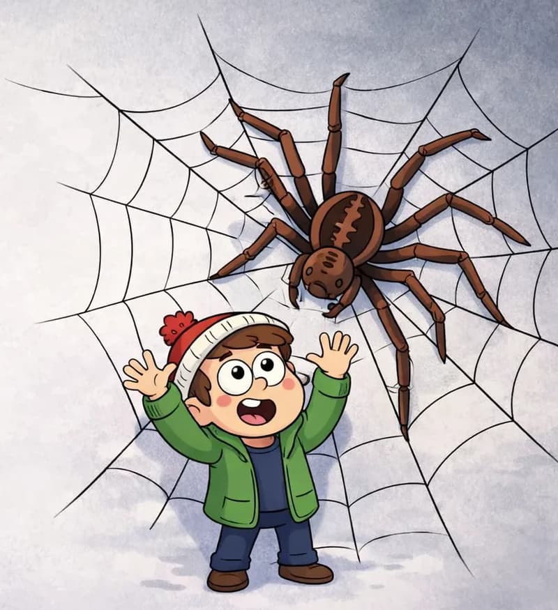On the right side of the image, Child stands caught in a giant spider's web, arms raised with hands spread wide and an expression of awe and surprise, looking up at an enormous brown spider with eight clearly visible legs perched on the web above them. The web is made of thick, rope-like string stretching across the right portion of the scene. The background is a muted, misty gray, and the left side of the image is plain open space.