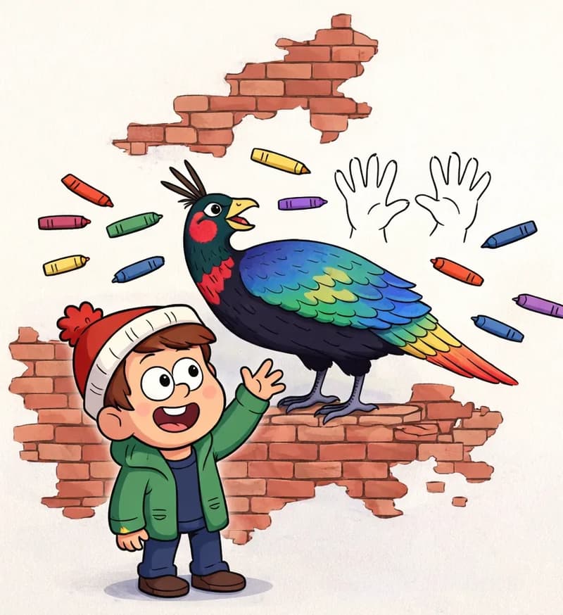 On the left side of the image, Child stands at the bottom left wearing a red knitted hat with a white brim and pom-pom, a green jacket over a navy top, looking up with an excited, delighted expression and one arm raised toward a large, colorful pheasant. The pheasant is perched on a fragment of crumbling brick wall, facing right with its beak open, a head crest of dark feathers, and plumage displaying at least nine vivid colors including red, green, blue, yellow, and orange in its long tail. Above and around the pheasant are two outlined hand tracings and small colored crayons floating in various colors — at least nine distinct colors visible — suggesting a drawing activity. The scene is set against a pale, plain background with fragments of red brick wall on the left side, leaving the right half of the image empty.