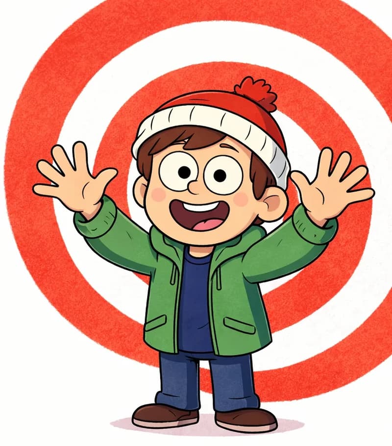 On the right side of the image, Child stands facing forward with a big, excited grin, holding both hands up wide open with all ten fingers spread out. Behind Child is a large red and white concentric circle (target/bullseye) pattern that frames them. The left side of the image is plain white/light background, clear for text.