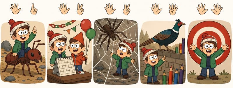 In the bottom portion of the image, five small vignette panels are arranged in a row, each recapping a counting scene from the second half of the journey. From left to right: (six) Child rides on the back of a giant dark-red ant marching across rocky ground while pointing one finger upward, (seven) Child and Friend stand excitedly at a desk calendar with festive decorations including a paper chain, bunting, and red and green balloons, (eight) Child stands in front of a giant spider's thick web looking up in awe at a large brown spider, (nine) Child points up at a large dark-plumed pheasant perched on a stone-brick wall surrounded by colored pencils, and (ten) Child stands with arms spread wide and both open hands showing in front of a red-and-white bullseye target. Above each vignette, a pair of small illustrated hands floats against the background: the first panel shows an open five-finger hand plus a one-finger hand, the second and third panels each show an open five-finger hand plus a two-finger hand, the fourth panel shows an open five-finger hand plus a four-finger hand, and the fifth panel shows two open five-finger hands. The top half of the image is plain cream-white background.
