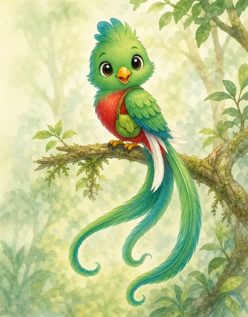 Introduce Quique. Show his full body perched on a mossy, leafy branch on the right side of the composition, facing the viewer in a friendly front three-quarter pose so his beautiful long green-and-blue tail trails dramatically below him in graceful curls, with white under-tail feathers. He has a green crested head with a small blue tuft, a red chest, a cheerful open-beak smile, and wears a little green leaf satchel on a strap. Soft watercolor forest background fading to pale green open space on the left. Mood: graceful and welcoming.