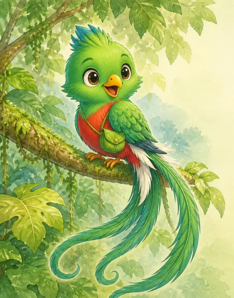 A clear view of Quique's head turned to show his yellow beak prominently. He perches on a forest branch with lush leafy foliage around to suggest the forests of Guatemala. Mood: proud of origins.