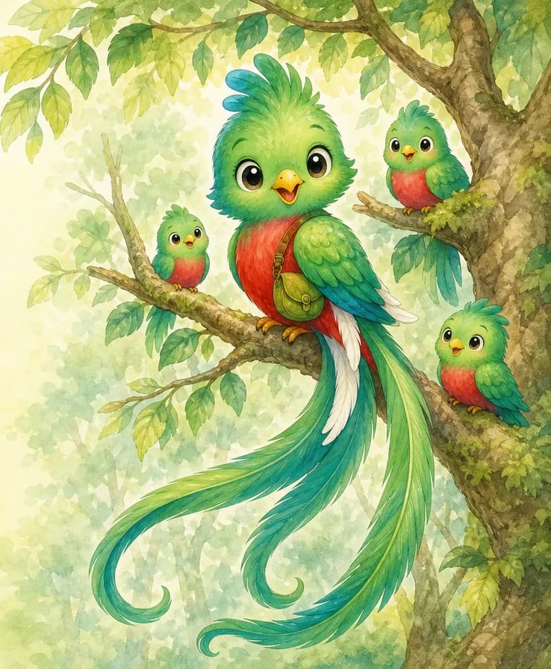 Quique perched on a branch in the nature park, his long, shining tail clearly displayed; nearby on the same tree, a small group of family quetzals (his "family"). Mood: belonging, home.