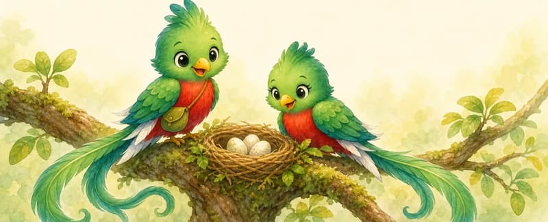 Quique and a female quetzal at a small nest among tree branches, two or three small eggs in the nest. The pair stand or perch beside the nest looking gently after the eggs. Mood: tender family care.