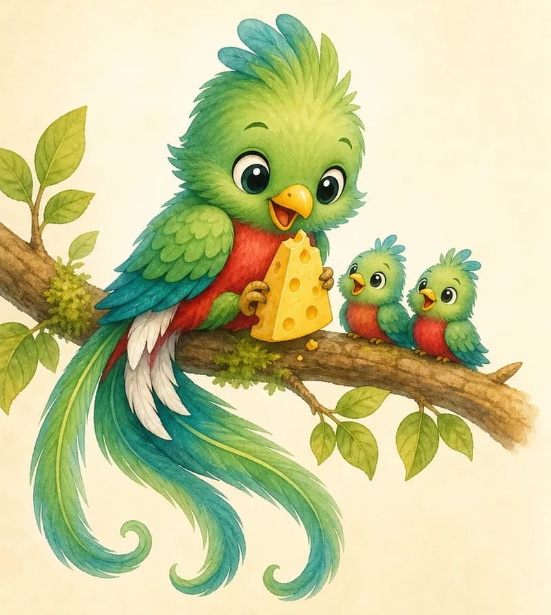 Quique pecks happily at a small wedge of yellow cheese held between his feet on a branch, while one or two baby quetzals nearby peep up expectantly. Quique's beak is mid-peck. Mood: cheerful, generous family time.