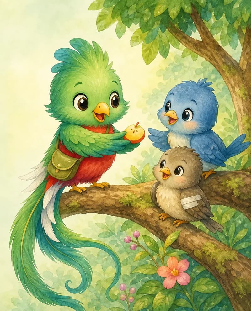 Quique holds a piece of fruit out toward another bird, while a second small bird with a tiny bandaged wing sits nearby. Quique looks kind and welcoming. Setting: a friendly perch in the park. Mood: generosity and care.