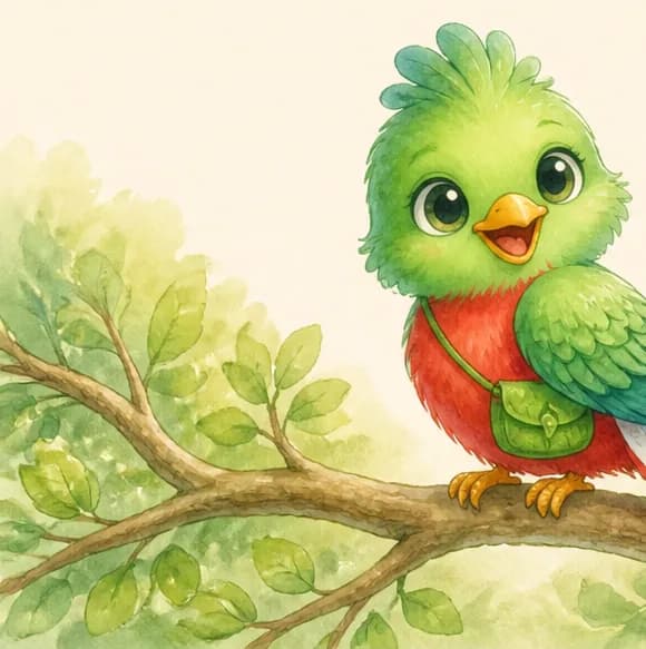 A heartwarming closing portrait of Quique perched proudly on a branch with his long tail trailing and a soft, contented smile. Mood: warmth, beloved closing page.