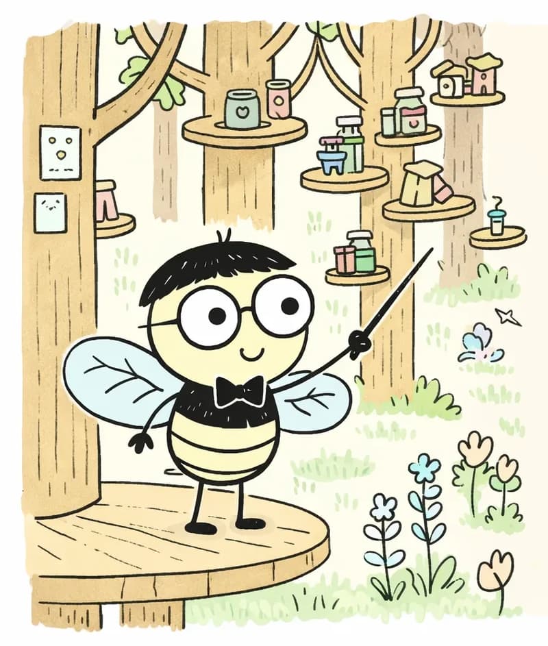 On the left side of the image, Pang stands on a wooden platform built around a tree trunk, holding a conductor's baton in one hand with a slightly nervous but determined expression — wide eyes behind round black-rimmed glasses and a small, uncertain smile. His pale yellow body and cream-and-black striped abdomen are visible, along with his black bow tie and translucent light blue wings. Behind him, a woodland neighborhood is visible with multiple tree stumps and trunks fitted with small wooden platforms, shelves, and tiny structures forming an insect-sized village among tall trees, green grass, and wildflowers below. The scene is warmly lit in soft daytime light, with the right ~40% left as plain warm beige background.