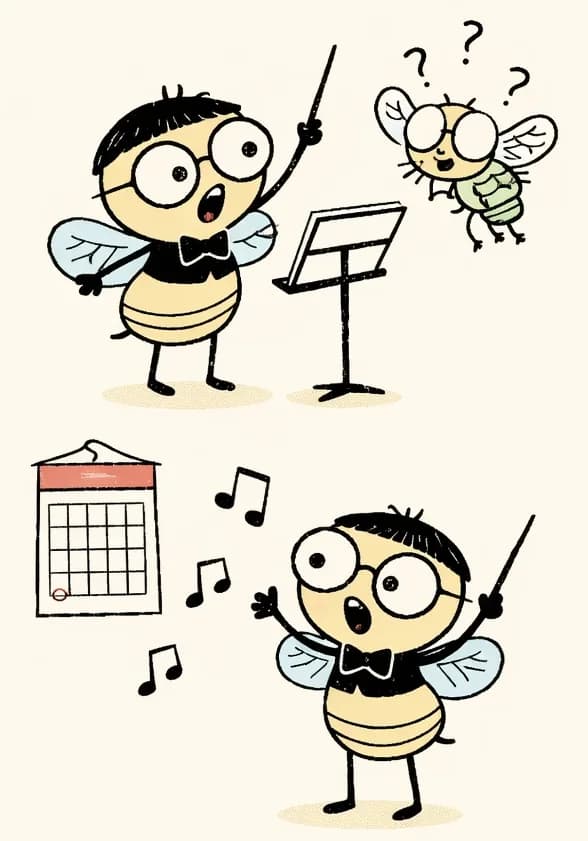 On the right side of the image, Pang is shown in multiple vignettes directing a concert rehearsal. In the lower-center panel, Pang stands with mouth open and one arm raised, gesturing expressively next to a wall calendar, with musical notes floating around him. In the upper-right panel, Pang stands at a music stand looking frustrated and determined, while a small cicada hovers above him looking confused and bewildered. The left ~40% of the image is plain warm yellow background. The scene is set indoors in a bright, warmly lit rehearsal space.