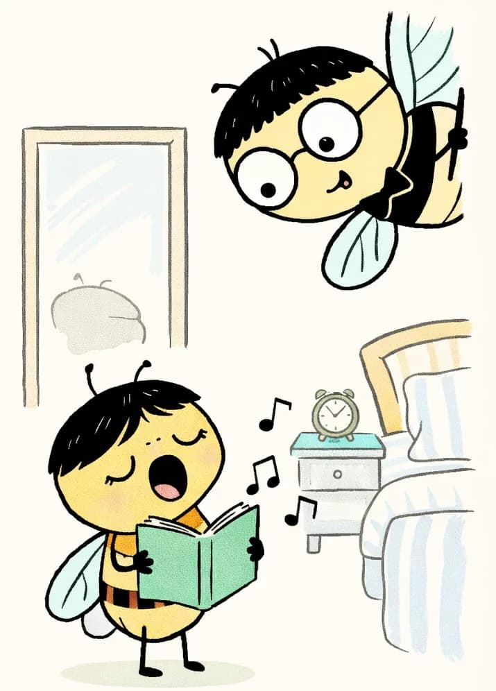 On the left side of the image, a small cicada stands at the bottom left, holding an open songbook and singing softly with eyes half-closed and mouth open, with musical notes floating around. Pang, larger with round black-rimmed glasses and translucent light blue wings, leans in from the upper left, peering down with a curious, encouraging expression. The scene is set indoors in a warm, sunlit room with a mirror on the wall, a small alarm clock on a blue side table, and the edge of a bed with striped sheets visible. The right ~40% of the image is plain warm beige background.