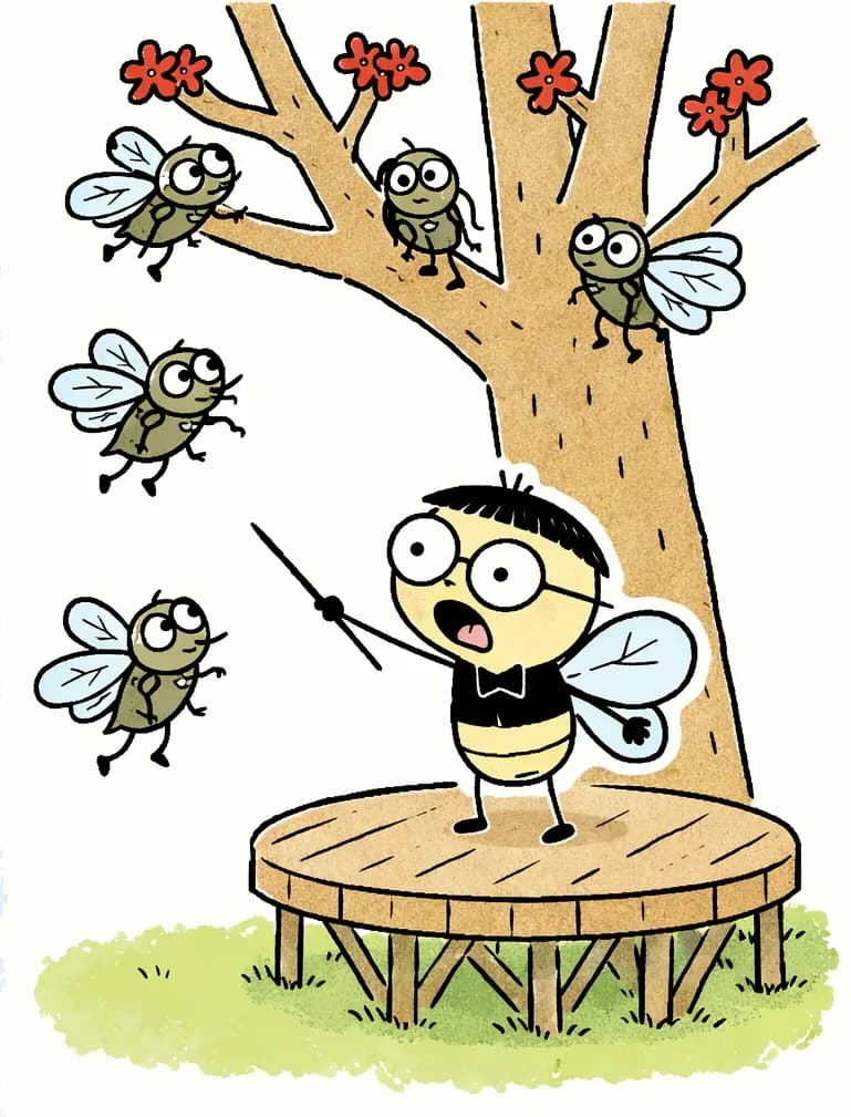 On the right side of the image, Pang stands on a round wooden stage built around a large tree with red blossoms, looking anxious with wide eyes and an open mouth as he gestures to gather the other cicadas. Several cicada choir members with translucent wings are arriving — two are flying up onto the stage, one hovers nearby below, and two more perch in the tree branches above. The outdoor scene is set on a warm, sunny day with blue sky and green grass visible beneath the elevated wooden platform.