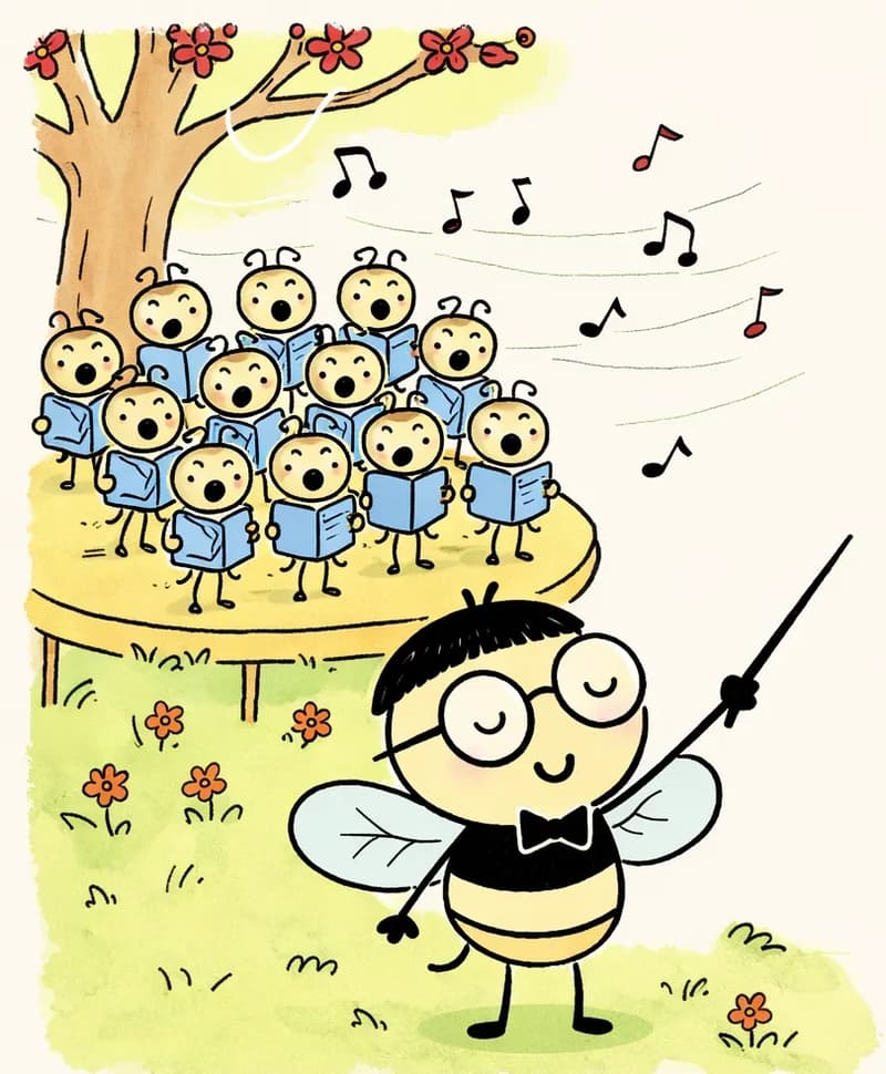 On the left side of the image, Pang stands in the foreground with eyes closed and a contented, slightly surprised smile, listening to the choir practice. Behind Pang on the left, a large group of small cicada choir members stand together on a raised outdoor stage beneath a tree with reddish blossoms, each holding open blue songbooks and singing. Musical notes float through the air around the scene. The setting is a bright, sunny outdoor park or yard with green grass and small orange flowers dotting the ground.