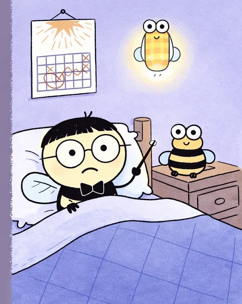 On the right side of the image, Pang lies in bed at nighttime with eyes open and a pale, worried expression, holding a small conductor's baton in one hand. The scene is a cozy bedroom bathed in soft blue-purple nighttime lighting, with a calendar pinned on the wall above showing days crossed off leading up to the concert. A glowing firefly hovers near the ceiling acting as a nightlight. A small bee stuffed toy sits on the bedside table beside Pang.