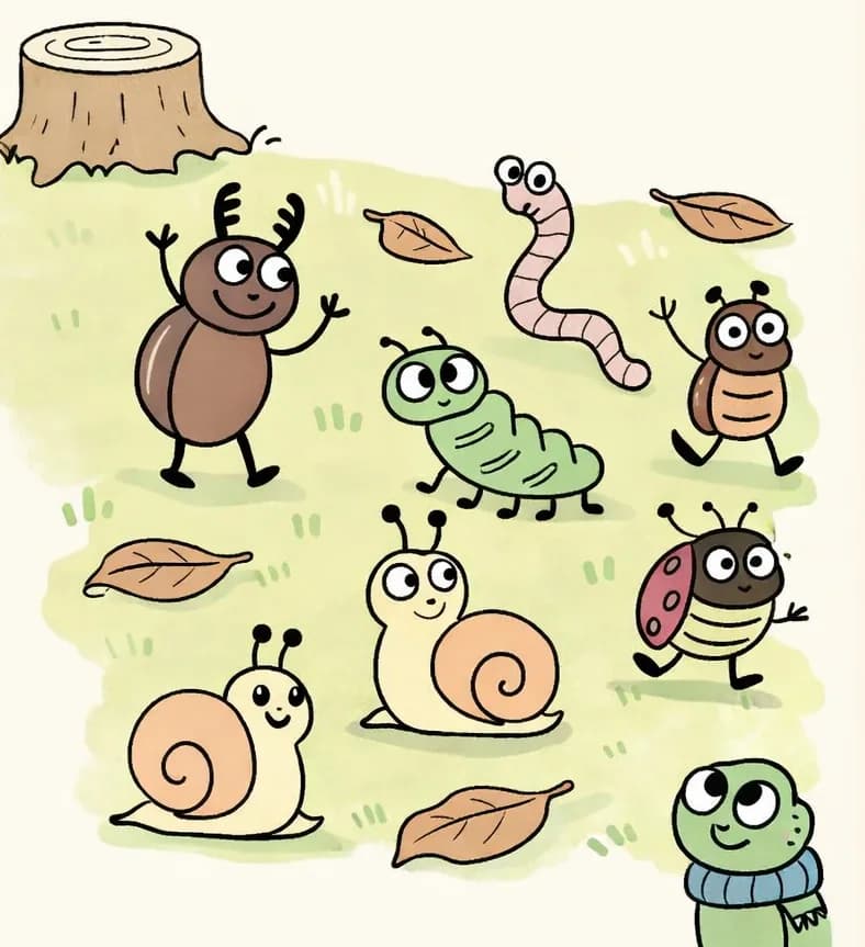 On the left side of the image, a lively crowd of insects gathers on a sunny, grassy clearing in a forest setting, with a tree stump visible in the upper-left corner and scattered brown fallen leaves on the ground. A beetle stands in the upper-left, raising one arm and looking excited with wide eyes. A green caterpillar, a worm, a small brown bug, a ladybug, and two snails are scattered across the grassy area, all walking or crawling toward the center with curious, eager expressions. In the lower-right edge, another green caterpillar wearing a blue scarf peeks into the scene, looking upward with a smile. The right ~40% of the image is plain warm beige background for text overlay.