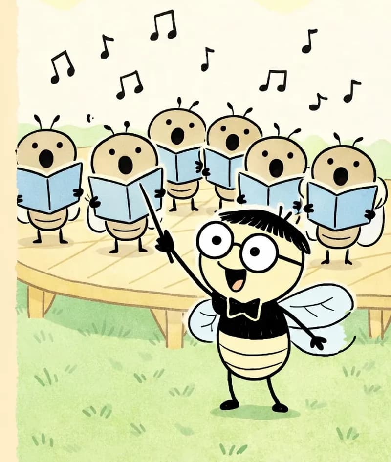 On the right side of the image, Pang stands at the front of a wooden outdoor stage, eyes open wide with an energetic, determined expression, mouth open calling out 'One, two, three, sing!' as he holds a conductor's baton raised high in his right hand. Behind him on the stage, a choir of cicadas stands in rows holding open blue songbooks, singing with wide-open mouths. Musical notes float through the air. The scene is set outdoors on a sunny day with green grass and a warm golden sky.
