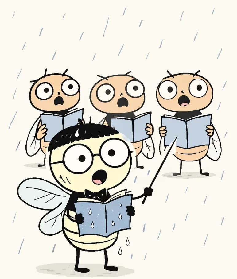 On the left side of the image, Pang stands in the front of a group of cicadas on an outdoor stage, clutching a soggy blue songbook with both hands and looking shocked — wide eyes, pale face, and mouth slightly open — as rain begins to fall on him. Several other cicadas stand behind and beside Pang in rows, also holding blue songbooks, with worried and confused expressions on their faces. Rain streaks fall across the scene, and the right ~40% of the image is plain warm beige background.