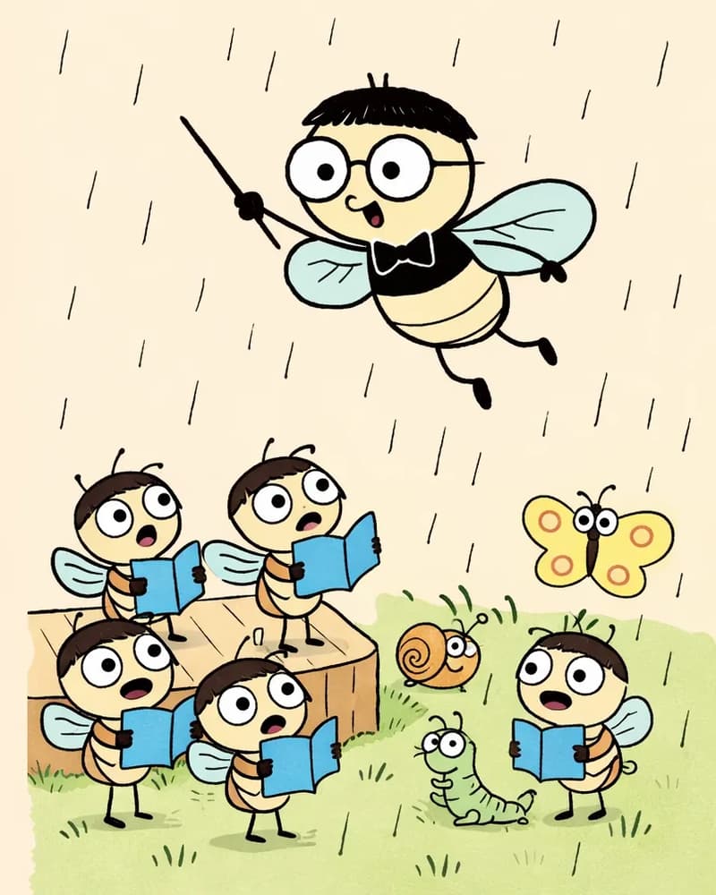 On the right side of the image, Pang hovers in the air with translucent light blue wings spread wide, facing outward with a determined, commanding expression and large round eyes behind his glasses, as if addressing all the insects below. Below and around him on the right, several smaller cicadas stand on wooden steps or on the grass, holding blue songbooks and looking up with worried or surprised expressions. Scattered across the grassy ground are other forest insects — a butterfly, a snail, and a caterpillar — appearing anxious. The left ~40% of the image is a plain warm tan/beige background. The scene is set outdoors on green grass with light rain falling across the scene.