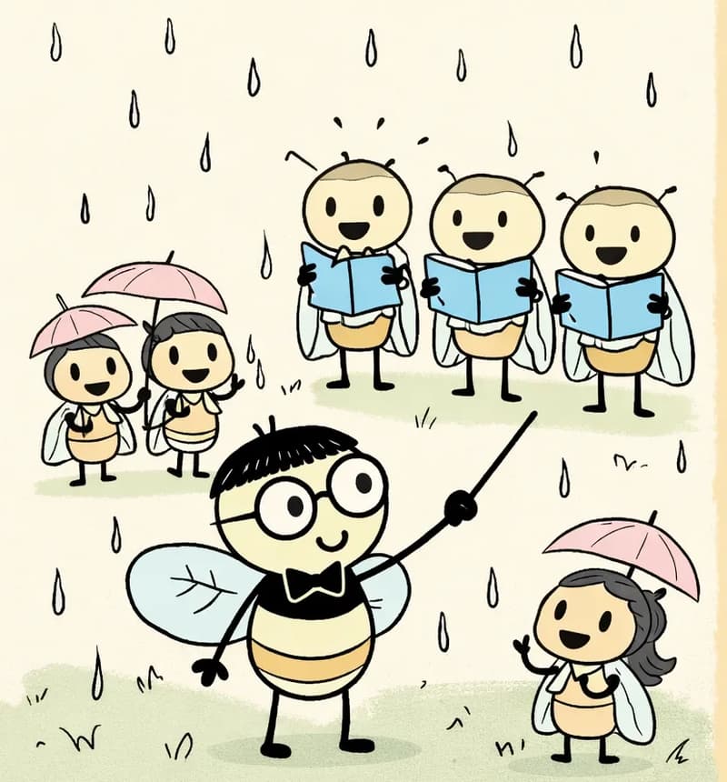 On the left side of the image, Pang stands confidently in the foreground at the bottom-left with a determined, cheerful expression, holding a conductor's baton and waving it with a sharp flick of his wrist as he addresses the crowd. Around him on the left, several insect characters are gathered on a grassy outdoor stage area in light rain — some hold tiny umbrellas, others look up with happy, relieved expressions, cheering. Cicada choir members stand behind Pang with blue songbooks raised, ready to sing again. The right ~40% of the image is plain warm beige/tan background with no characters or detail.