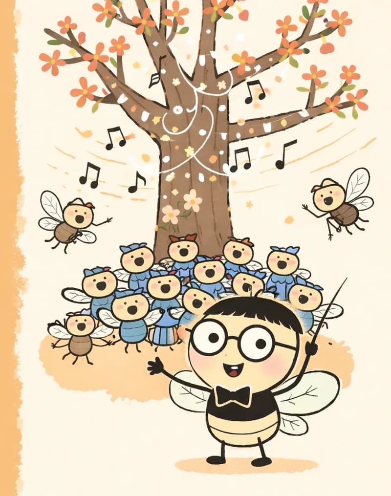 On the right side of the image, Pang stands in the foreground grinning proudly with a pink-tinted complexion, arms slightly outstretched as if presenting the concert. Behind Pang, a group of cicadas are gathered on and around a large tree decorated with twinkling string lights, singing joyfully with music notes floating in the warm orange-toned air. The scene is set outdoors at golden hour with the tree as the concert stage, and a few cicadas flutter nearby with their wings spread. The left ~40% of the image is plain warm orange background.