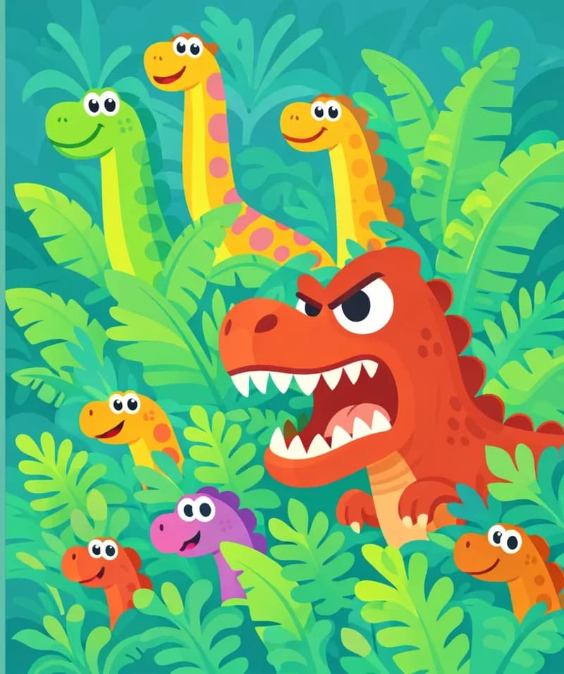 On the right side of the image, a group of cartoon dinosaurs peek out from dense tropical foliage and tall ferns. Several long-necked dinosaurs stand upright in the background with wide eyes and cheerful expressions, while in the foreground a fierce-looking T-rex-type dinosaur snarls with an angry expression and bared teeth. Smaller dinosaurs with googly, surprised eyes poke their heads through the greenery at various heights. The scene is set outdoors in a lush prehistoric jungle environment with large leafy plants in teal and green tones. The left ~40% of the image is a plain muted teal background reserved for text.